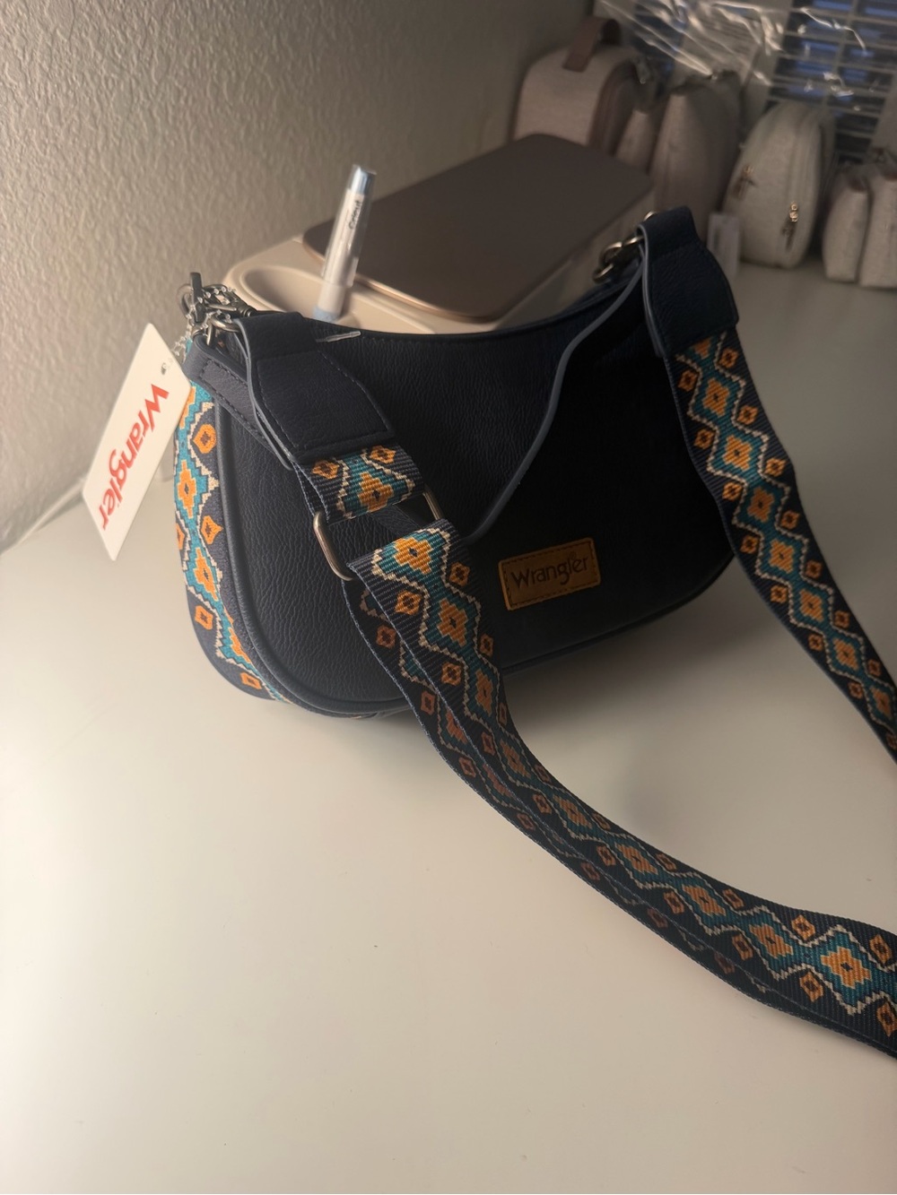 Wrangler Navy Crossbody with Patterned Teal & Mustard Strap